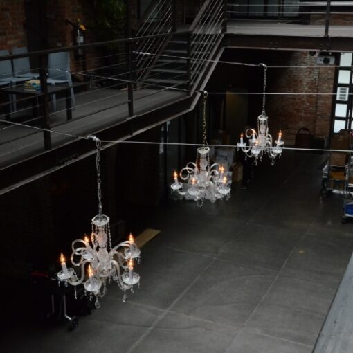 24 Inch Crystal Chandeliers hanging in the the main room at The Foundry, LIC