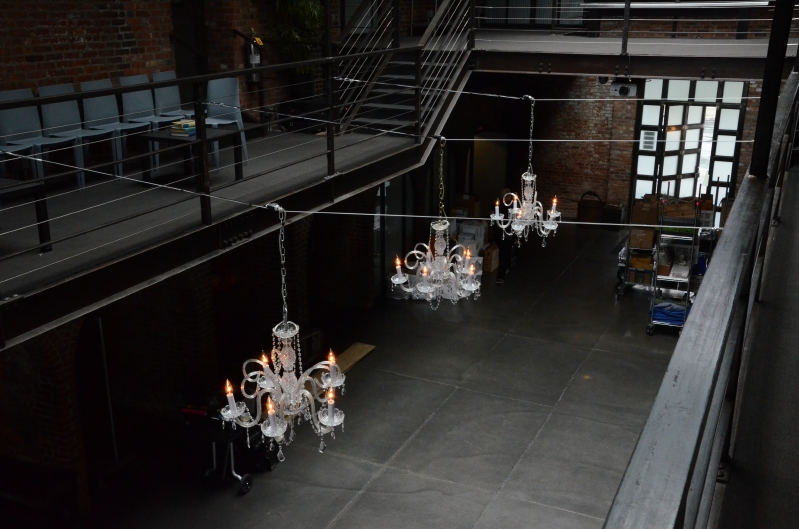 24 Inch Crystal Chandeliers hanging in the the main room at The Foundry, LIC
