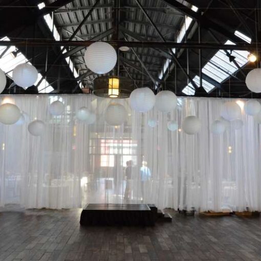 White Paper Lanterns and String Lights & Up-Lights for a wedding at 26 Bridge (Brooklyn, NY)