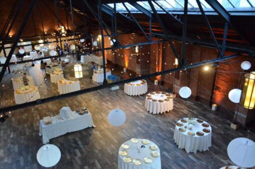 White Paper Lanterns and String Lights for a wedding at 26 Bridge (Brooklyn, NY)