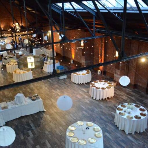 White Paper Lanterns and String Lights for a wedding at 26 Bridge (Brooklyn, NY)