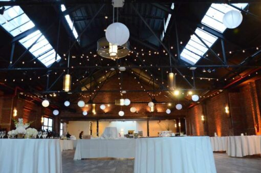 White Paper Lanterns and String Lights for a wedding at 26 Bridge (Brooklyn, NY)