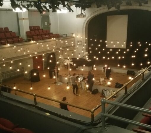 String Lights at The Roulette Intermedium hanging in a zigzagging pattern.