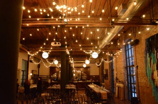 String Lights hanging in a circular pattern at The Wythe Hotel.