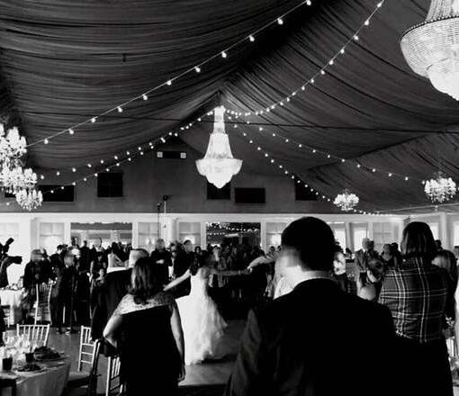 String Lights hanging in a zigzagging pattern for a wedding at The Bridgeview Yacht Club. (Island Park, NY).
