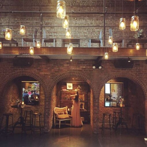 Pendant Lamps with Mason Jars in The Main Room at The Foundry located in Long Island City, (Queens, NY).