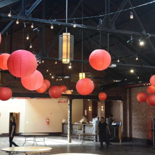 Red Paper Lanterns w/ String Lights for a wedding at 26 Bridge (Brooklyn, NY)