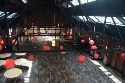 Red Paper Lanterns w/ String Lights for a wedding at 26 Bridge (Brooklyn, NY)