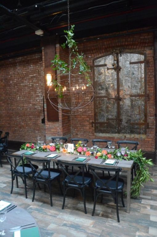 Orb Chandelier - 36" Rental suspended over wedding reception diner table at 26 Bridge (Brooklyn, New York)
