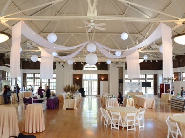 The Prospect Park Picnic House (Brooklyn, New York) - String Lights w/ Paper Lanterns and white drapes suspended overhead
