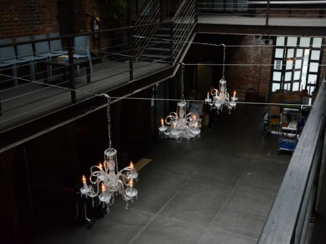 The Foundry (Long Island City, New York) - Chandeliers suspended from the mezzanine level