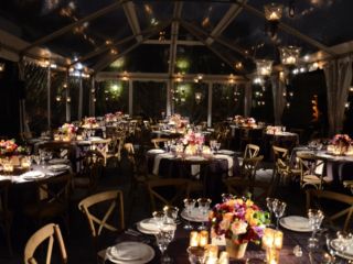 The Foundry (Long Island City, New York) -Table Centerpiece Pin-Spot with candle light lanterns suspended under tent