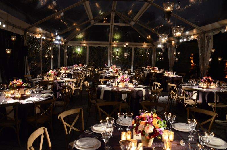 The Foundry (Long Island City, New York) -Table Centerpiece Pin-Spot with candle light lanterns suspended under tent
