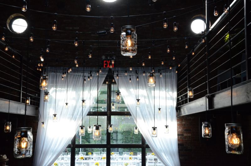 The Foundry (Long Island City, New York) - Pendant Lamps with Masson jars suspended from the mezzanine level