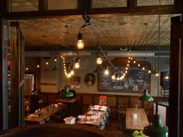 The Brooklyn Winery (Brooklyn, New York) - 150ft of String Lights with S14 bulbs suspended  in a zigzag pattern in the Main Bar