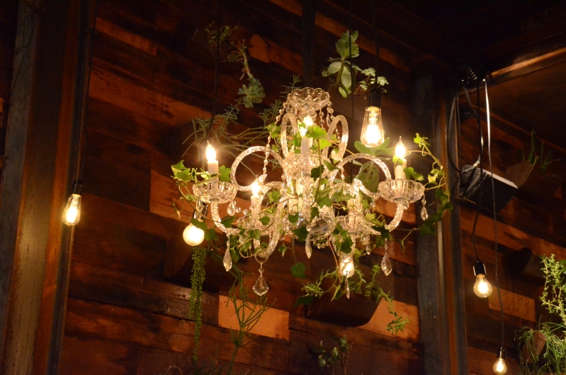 The Brooklyn Winery (Brooklyn, New York) - Chandeliers with Ivy suspended with Pendant Lamps in the Atrium