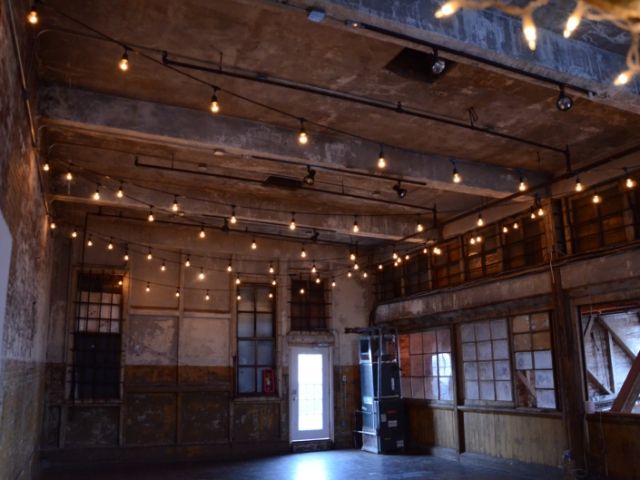 The Greenpoint Loft (Brooklyn, NY) - 150ft of String Lights suspended in a zigzagging pattern on Mezzanine Level