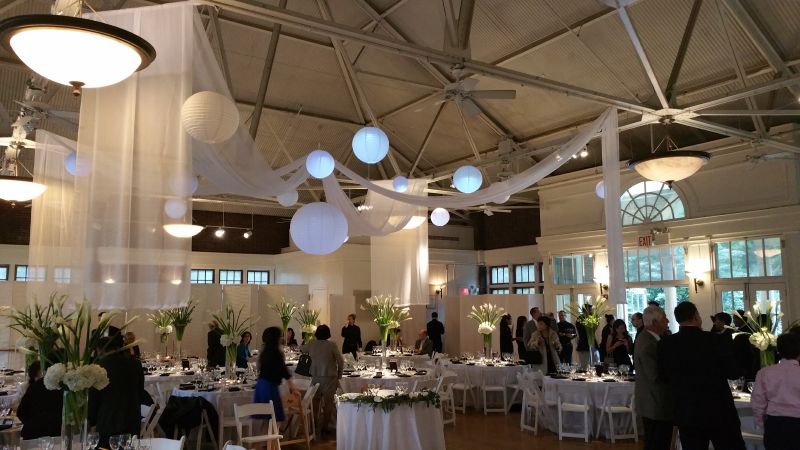 The Prospect Park Picnic House (Brooklyn, New York) - String Lights w/ Paper Lanterns and Sheer white drapes suspended overhead