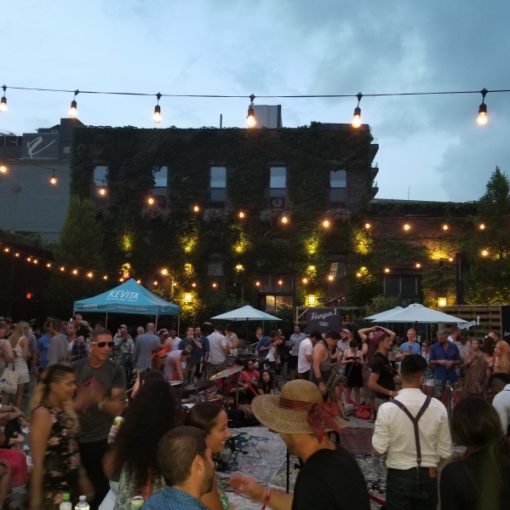 String Lights suspended above the courtyard without stands