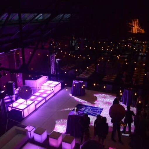 A Custom Gobo and String Lights for a Bat-Mitzvah at 26 Bridge (Brooklyn, NY).