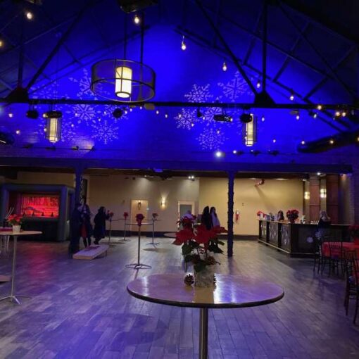 String Lights with stock gobo and a blue wash on brick wall for a holiday party at 26 Bridge (Brooklyn, NY)