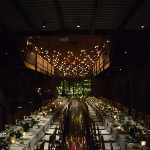 String Lights Warm White String Lights hanging in the main room for a wedding at The Foundry.