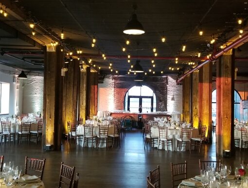 String lights with Up-lights at The Liberty Warehouse (Brooklyn, NY)