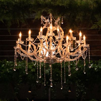 A 40 Inch Venetian Chrystal Chandelier with dimmable bulbs for a wedding.