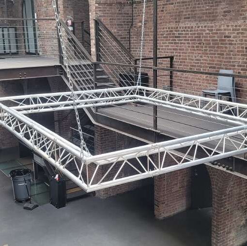 The Foundry suspended Mini triangular truss for florist hanging florals for a Wedding Reception at The Foundry in Long Island City, NY.