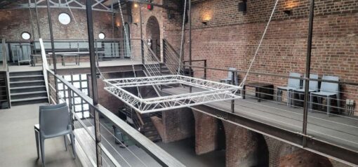 The Foundry suspended Mini triangular truss for florist hanging florals for a Wedding Reception at The Foundry in Long Island City, NY.