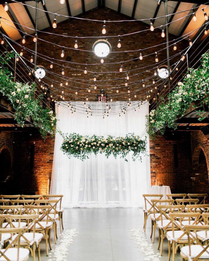 The Foundry (LIC, NY) Zigzagging String Lights for Wedding Ceremony - Universal Light and Sound @ulsnyc