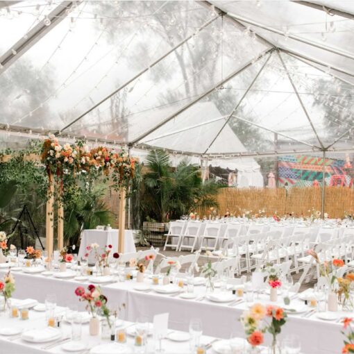 String Lights suspended in parallel lines for a wedding under the Garden Tent at Roberta's Pizza