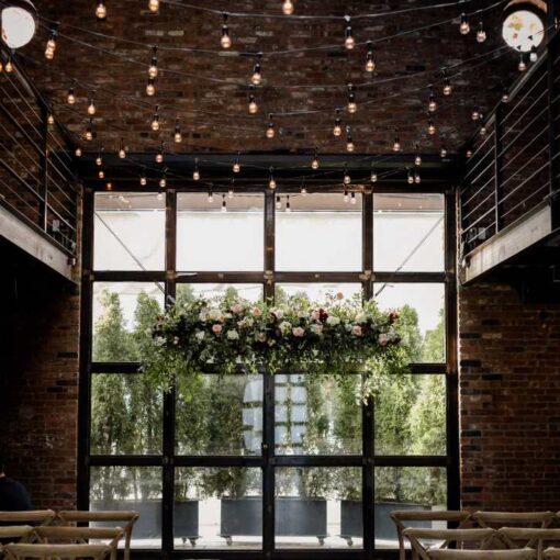 String Lights hanging in The Main Room for a wedding reception at The Foundry
