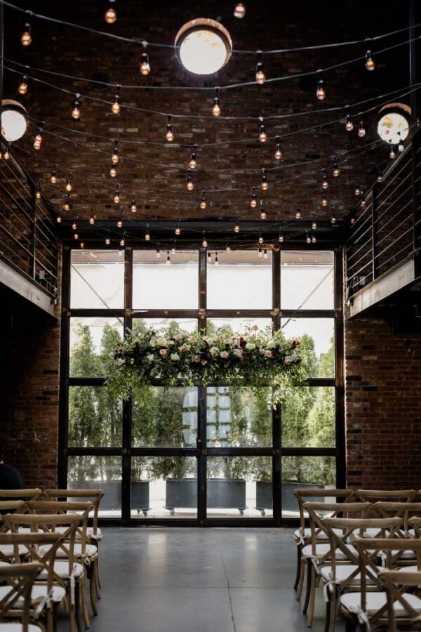 String Lights hanging in The Main Room for a wedding reception at The Foundry