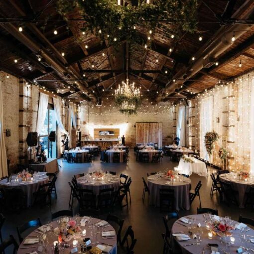 String Lights hanging in a zigzagging pattern for a wedding reception at The Green Building.