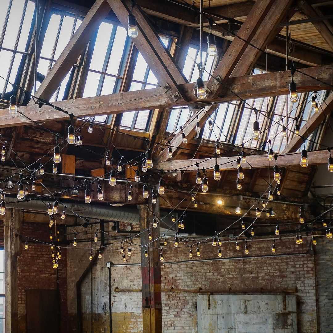 String Lights hanging between the cener columns at The Greenpoint Loft