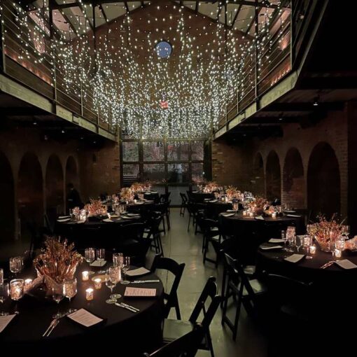 Icicle/Fairy Lights hanging in the main room at The Foundry