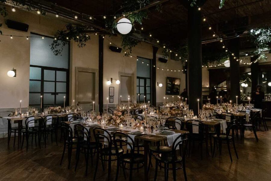 The Wythe Hotel - String Lights hanging in Parallel Lines - Wedding Lighting