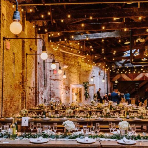 String Lights hanging overhead for a wedding at The Houston Hall