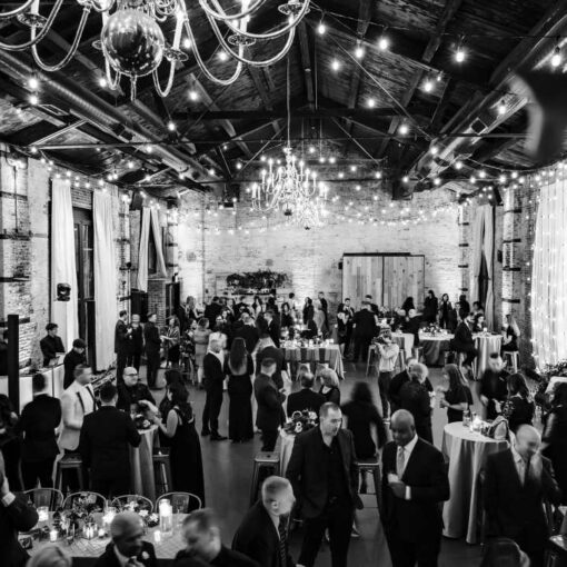 String Lights hanging in The Main Room for a wedding at The Green Building.