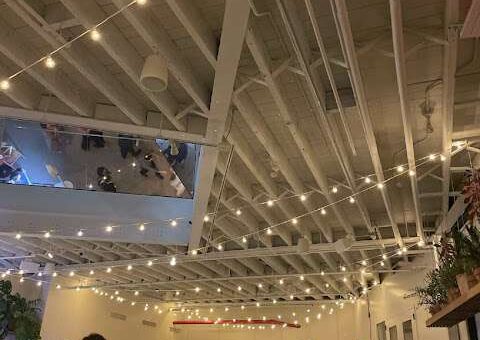 String Lights hanging above The Norman Garden at Rule of Thirds in Brooklyn, NY