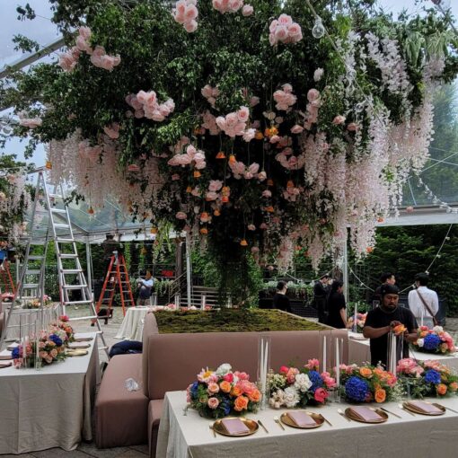 The Foundry (LIC, NY) Wedding Lighting - Large Floral Arrangement under a clear top tent