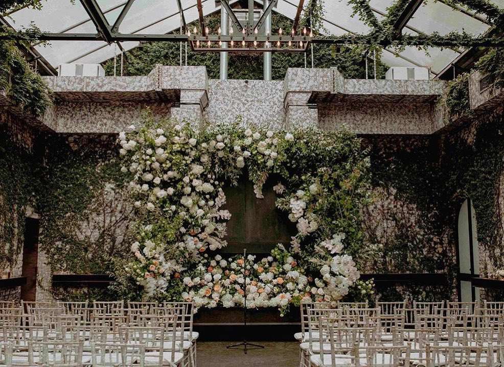 The Foundry (LIC, NY) Wedding Lighting - Large Floral Arrangement in The Green House