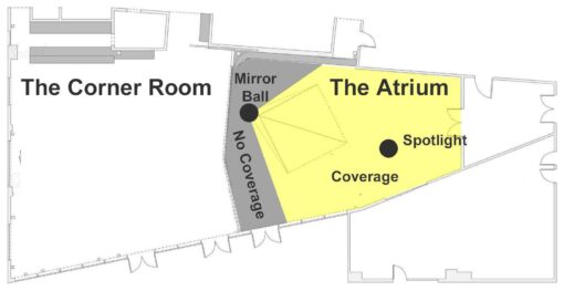 Rule of Thirds - Mirror Ball with One Spotlight - Area of Coverage - The Atrium Floor Plan
