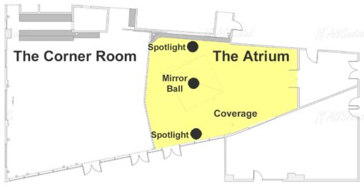 Rule of Thirds - Mirror Ball with Two Spotlights - Area of Coverage - The Atrium Floor Plan