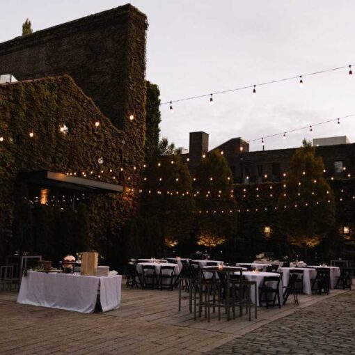 String Lights suspended above the courtyard without stands