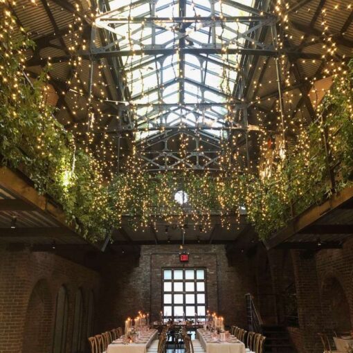 Icicle lights (fairy lights) suspended above the main room at The Foundry located in Long Island City (Queen, NY)