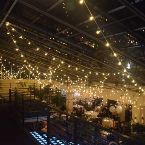 String Lights hanging in a random zigzagging pattern above the dance floor at The Tribeca Rooftop (New York, NY)