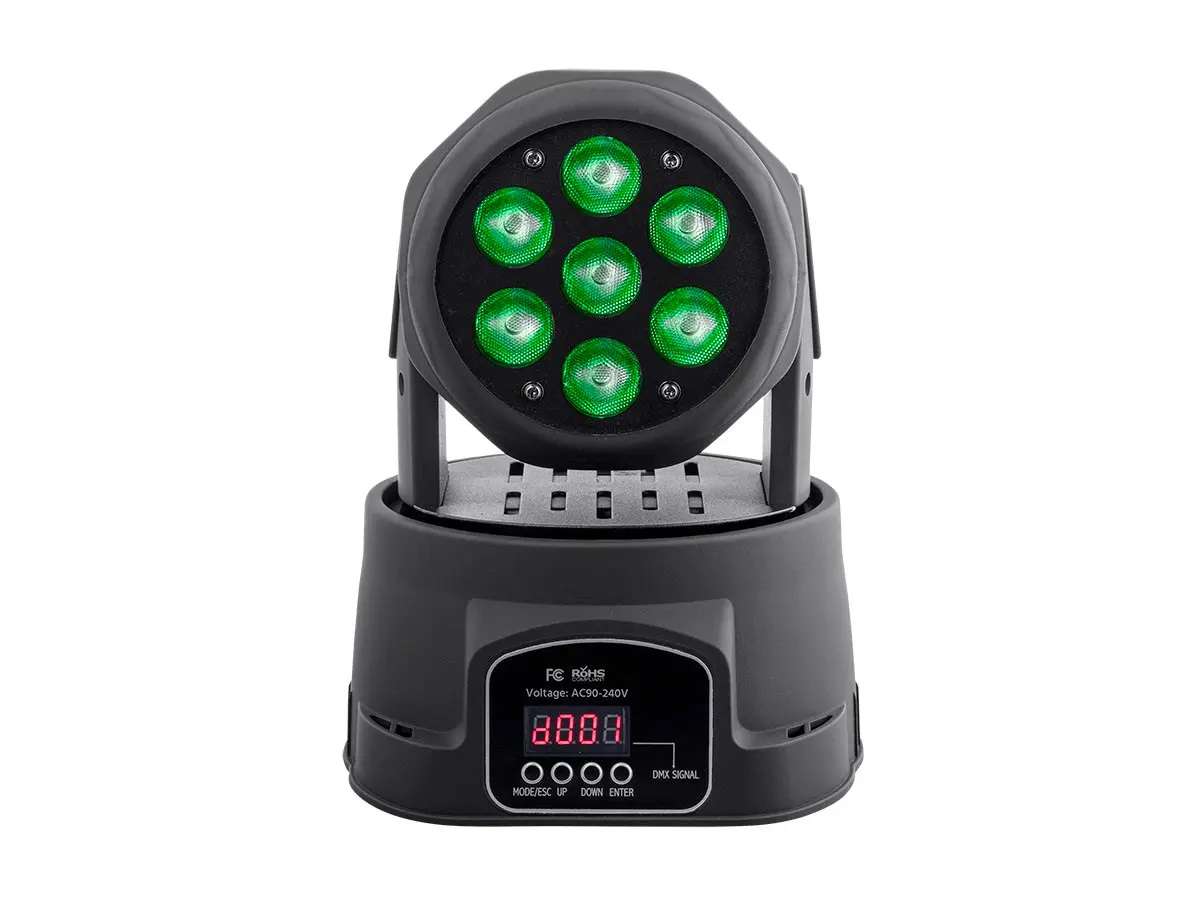 The 7 LED RGBW mini moving head lighting fixture 10-watt 4-in-1 RGBW LEDs