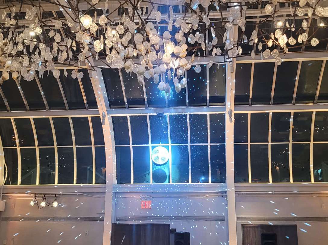 A Mirror Ball with motor hanging at a wedding in The Palm House in The Brooklyn Botanical Garden
